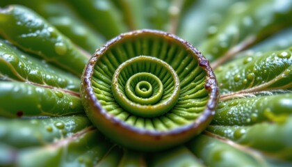 Poster - macro shot of a spiral shaped leaf in vivid green with subtle reflections