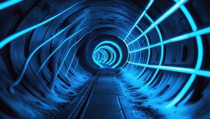 Leinwandbilder - Blue neon-lit tunnel, subterranean corridor. Background with glowing lines and abstract elements.