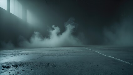 Poster - Cement flooring in a dimly lit room with smoky backdrop