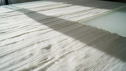 Poster - Close-up of light, airy and delicate sheer fabric with subtle vertical pleats casting soft shadows on the textured surface