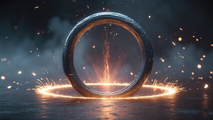 Poster - unusual portal ring emitting energy beam. isolated sparks effect circle. magical ring flame in the b