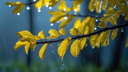 Wall Mural - macro photography of a tree branch featuring yellow leaves and rain.