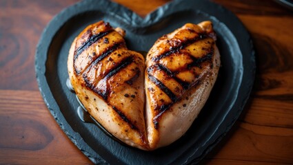 Poster - heart-shaped slate plate featuring grilled chicken breast on a wooden surface. concept of love for h