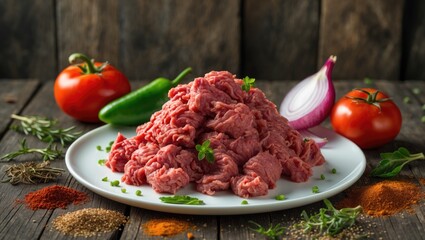 Poster - Raw ground meat served on a plate, with burger components like tomato, pepper, onion, and seasonings in the backdrop.