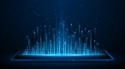 Aufkleber - Smart city with skyscrapers that light up at night on a smartphone or tablet. Concept of future technology city architecture Digital high-tech city design. technology city background	