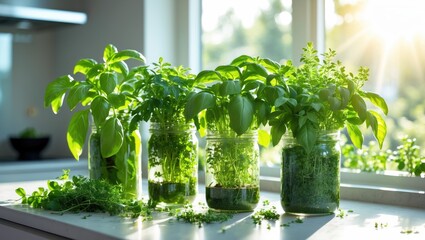 Poster - countertop hydroponics: cultivating fresh basil, mint, and thyme in jars by the window for sunlight