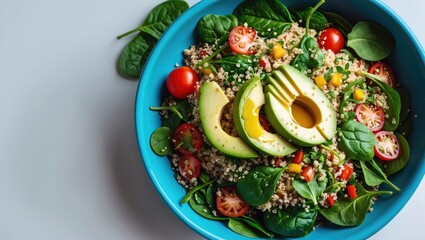 Poster - quinoa salad with fresh vegetables and olive oil in a blue bowl
