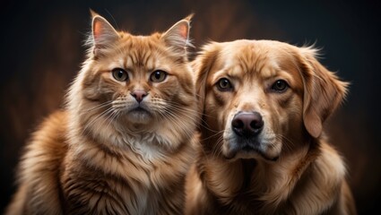 Poster - brown dog and cat together, facing the camera in front of a dark background