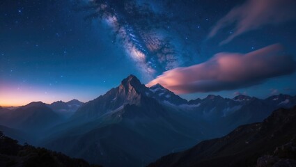 Wall Mural - twilight mountains prior to sunrise. a home in the mountains. landscape featuring the milky way and 