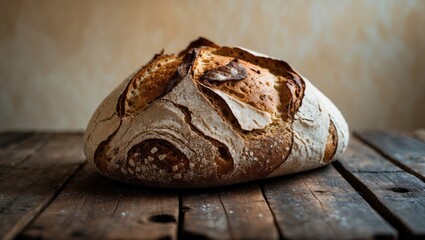 Poster - traditional sourdough bread with a rough crust on a rustic wooden surface. healthy food photography
