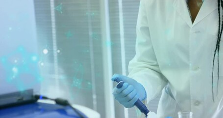Poster - Female researcher sliding pipette tip, drawing sample then dispensing into well plate for lab assay