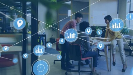 Poster - team discussing business data at desk causing blue chart icon appearing, data icons linking outward