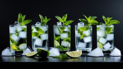 Poster - soaring mojito cocktails with components against black backdrop