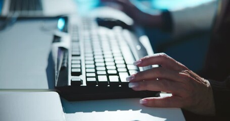 Fototapete - Keyboard, typing and hands of businesswoman in office at night working on company investment account. Deadline, overtime and closeup of financial manager with global client report in workplace.