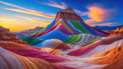 Poster - breathtaking rainbow mountain scenery against a sunset blue sky. colorful terrain, rainbow hills, di