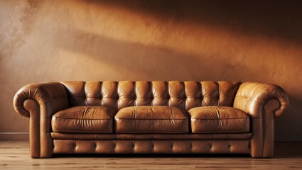 Poster - Mockup of a warm-toned living room wall with a leather sofa and backdrop.