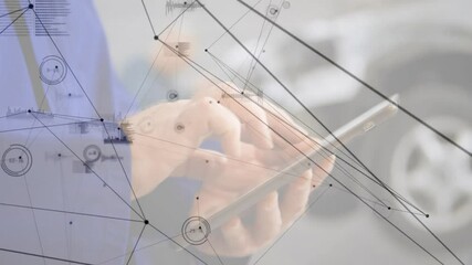 Poster - Technician tapping smartphone screen in automotive garage, generating animated network nodes
