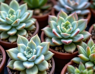 Poster - a photorealistic close up of the succulents' textures and the patterns on the pots, with sharp focus on details.