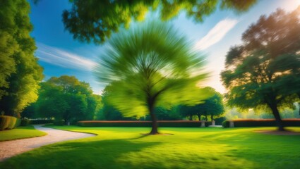 Poster - Abstract blurred landscape featuring natural trees and lawns.