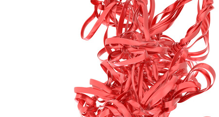 Aufkleber - Close-up of vibrant red metallic ribbons intricately twisted and tangled. Perfect for design, texture, and abstract backgrounds.