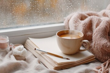 Poster - Soft Aesthetic Slow Living Mindful Crafting Moment with Rain-Kissed Window, Cozy Knit and Journaling - Wellness Content Creation for Millennial Self-Care Narratives