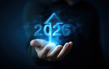 Poster - Hand holding glowing arrow and year 2026, symbolizing progress and future growth with digital touch