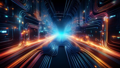 Fototapete - quantum cryptography networks feature sophisticated technology with intricate circuitry and luminescent fiber optic cables illustrating secure data
