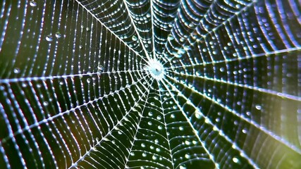 Wall Mural - Detailed view of a spiderweb covered with morning dew clinging to the delicate structure with a green foliage background on a sunny day.