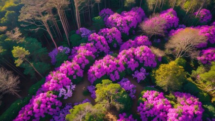 Poster - top-down aerial view of colorful flowering rhododendron plants nestled among trees in a scenic locat