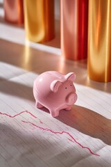 Fototapete - Pastel Minimalist Financial Resilience Gen Z Piggy Bank on Declining Investment Graph - Economic Literacy and Inflation Strategy Visual