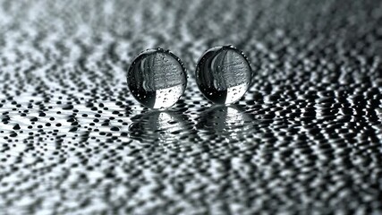 Poster - Two translucent spheres rest on a textured surface, covered with many droplets and intricate reflections