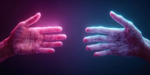 Fototapete - Futuristic Digital Connection AI-Enhanced Holographic Hands in Vibrant Neon Spectrum - Immersive Tech Experience Visualizing Human-Machine Interaction