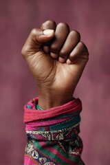 Poster - Activist Empowerment Textured Raised Fist in Vibrant Ethnic Textile - Social Justice Storytelling for Digital Advocacy and Intersectional Movement Branding