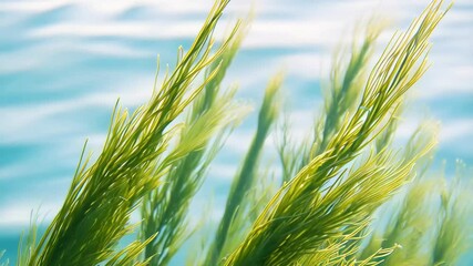 Poster - Delicate green seaweed plants swaying underwater against a dreamy blue, tranquil ocean current creates a peaceful, nature-inspired scene.