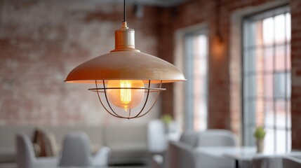 Poster - Industrial Chic Illumination Vintage Pendant Light Transforming Modern Urban Workspace with Warm Retro Aesthetic and Adaptive Reuse Design Narrative