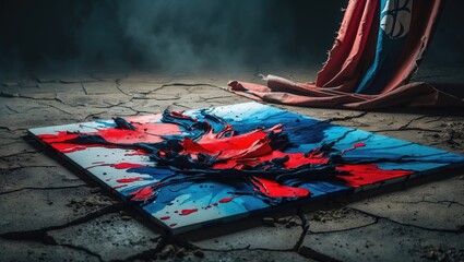 Poster - Abstraction in Art. Handmade Ink Illustration. Current Creative Approach. Artistic Works. Lively Texture Modern Art Canvas. Flag Positioned on Irregular, Arid Ground.