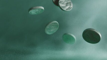 Fototapete - Minimalist Crypto Momentum Metallic Digital Currency Coins Suspended in Ethereal Green Space - Next-Gen Financial Technology Visual Experience