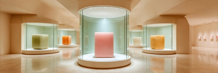 Leinwandbilder - Minimalist Museum Curation Symmetrical Glass Display Pavilion Showcasing Geometric Artifacts in Ethereal Contemporary Exhibition Design