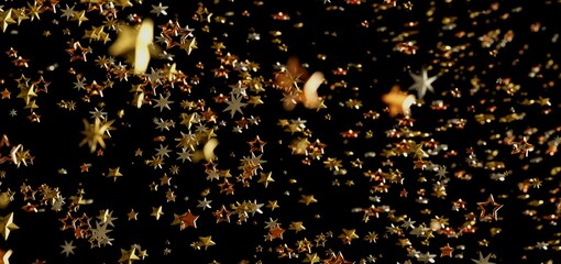 Fototapete - Shimmering gold and bronze stars on black background. Festive, celebratory image.