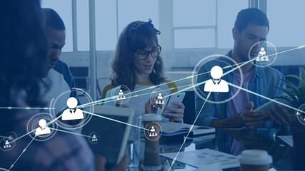 Poster - Group colleagues tapping devices at office table, generating animated network icons connecting team