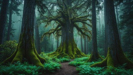 Poster - whimsical storybook forest. pine forest draped in lush moss. mysterious setting.