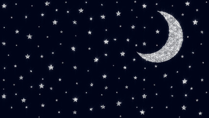 Wall Mural - moon and stars shiny glitter glowing on night sky , kids lullaby and nursery rhyme background