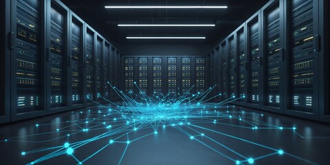Poster - Data center with glowing network connections illustrating digital technology in a modern computing environment