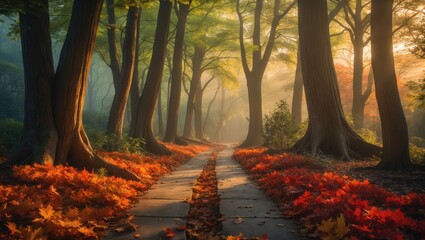Poster - forest trees alongside a sidewalk covered in fallen leaves. lovely green wood and sunlight scenery.