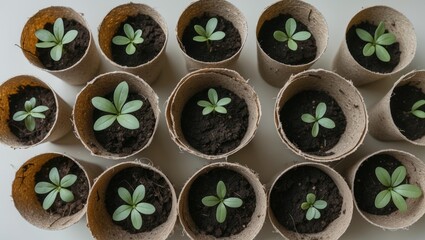 Poster - biodegradable peat moss pots with flower seedlings. sustainable, zero waste gardening concept. top v
