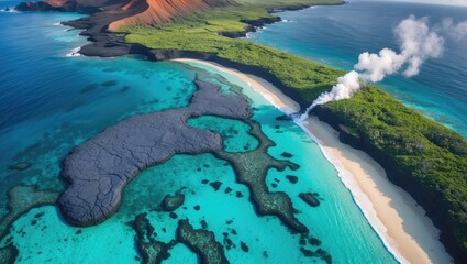 Poster - overhead view of lava flow, coral reef and sandy beach. leading tourist destination, exceptional div
