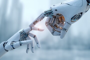 Poster - Two robotic hands reaching towards each other, almost touching, depicting connection and futuristic technology with a bright, blurred background setting the mood.