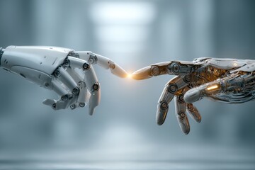 Poster - a futuristic conceptual image showing two robot hands almost touching, symbolizing artificial intell