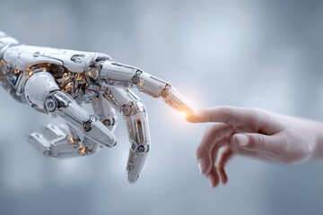 Poster - A futuristic concept of connection and innovation showing a human hand reaching towards the touch of a robotic hand, symbolizing AI integration and technological advancement.