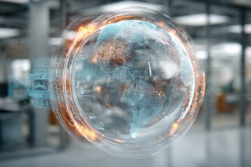 Poster - a digitally enhanced globe visualization with a futuristic interface, showcasing data-driven global 
